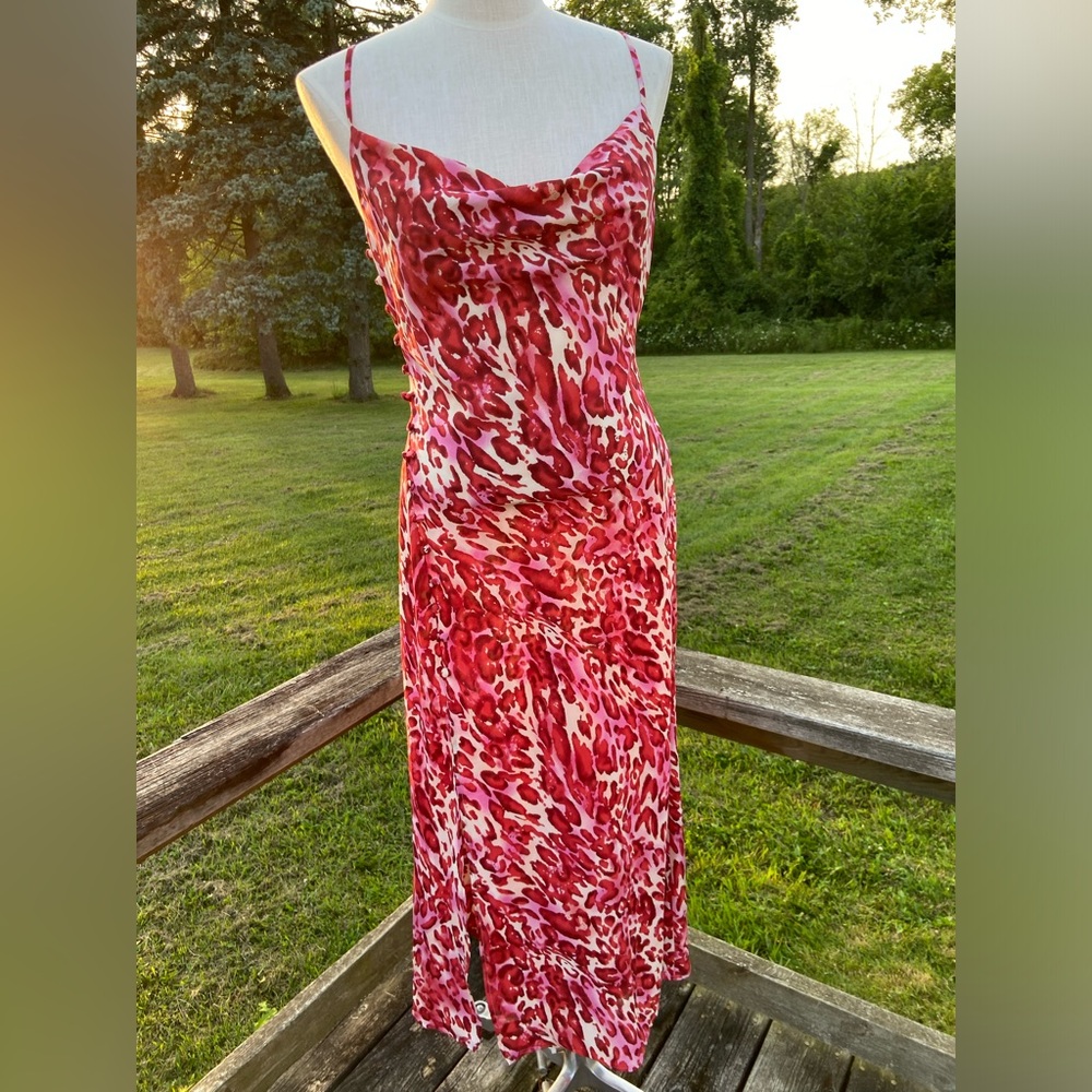 Fuchsia Pink Animal Print Cowl Neck Maxi Dress IVIVI Side Slit